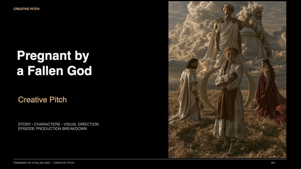 Pregnant by a Fallen God Creative Pitch cover, with a mythological family beneath the gods of Olympus.